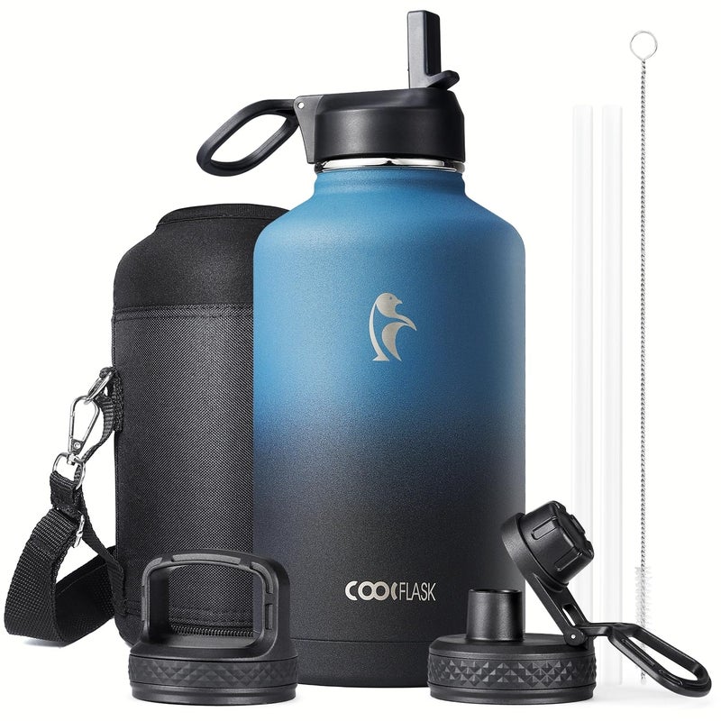 Coolflask Half Gallon Water Bottle Insulated with Straw & 3 Lids, Coolflask 64 oz Water Jug Large Metal Stainless Steel Wide Mouth for Sports, Gym or Office, Non-BPA Keep Cold 48H Hot 24H, Samurai Cyan - Image 1