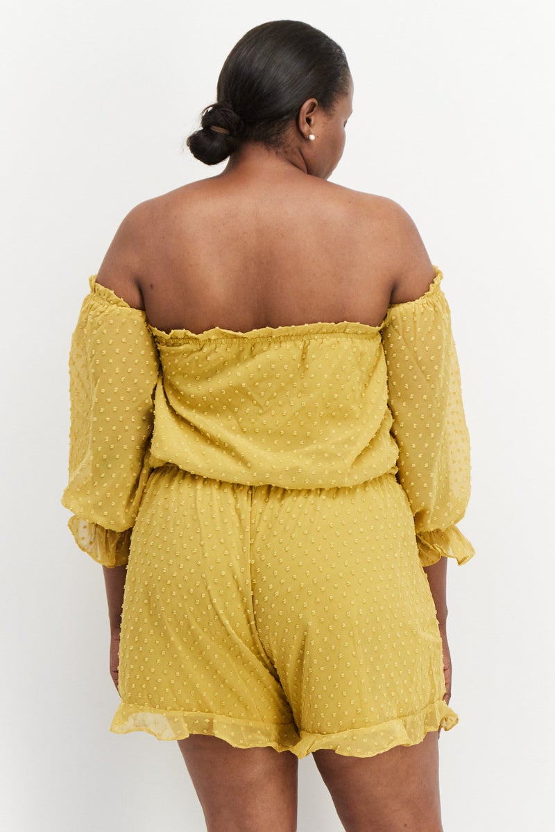 boohoo Women Textured Long Sleeve Playsuit, Yellow  - Image 4