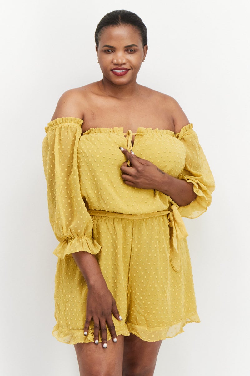 boohoo Women Textured Long Sleeve Playsuit, Yellow  - Image 1