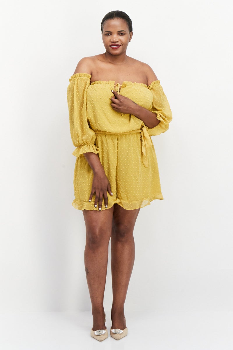 boohoo Women Textured Long Sleeve Playsuit, Yellow  - Image 2