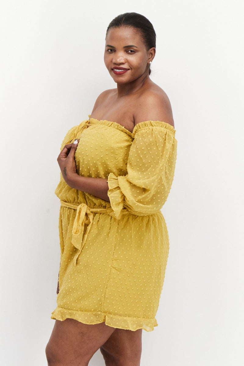 boohoo Women Textured Long Sleeve Playsuit, Yellow  - Image 3