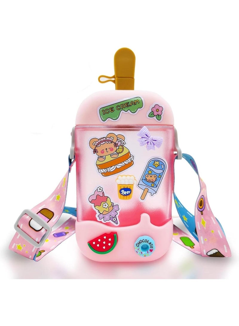 ChicAbode Kawaii Water Bottle, Cute Ice Cream Water Bottles with Straw, Kawaii Popsicle Water Bottle with Adjustable Shoulder Strap and Stickers, Popsicle Cup for School Girls and Boys, BPA-Free, 14 oz (Pink) - Image 1