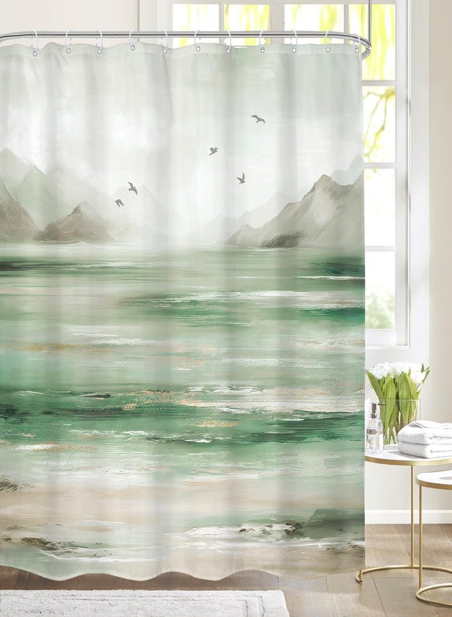 Mitpok Beach Ocean Shower Curtain Green and Grey 72Wx72H Sage Mountain Gray Abstract Sea Nature Coastal Minimalist Landscape Bathroom Decor Oil Painting Bath Curtain Fabric Polyester 12 Pack Hooks - Image 1