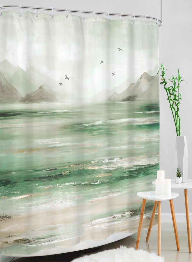 Mitpok Beach Ocean Shower Curtain Green and Grey 72Wx72H Sage Mountain Gray Abstract Sea Nature Coastal Minimalist Landscape Bathroom Decor Oil Painting Bath Curtain Fabric Polyester 12 Pack Hooks - Image 3