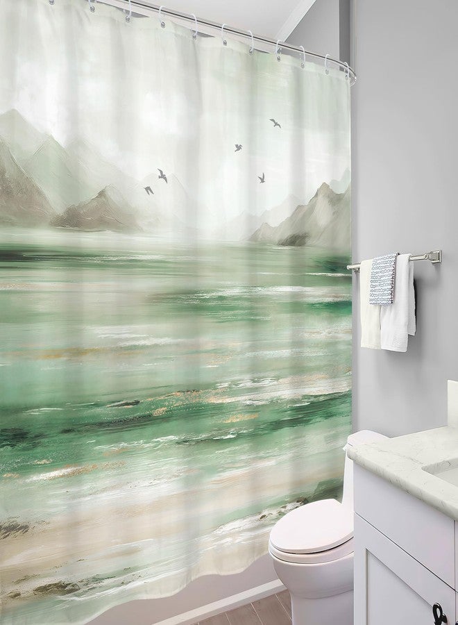 Mitpok Beach Ocean Shower Curtain Green and Grey 72Wx72H Sage Mountain Gray Abstract Sea Nature Coastal Minimalist Landscape Bathroom Decor Oil Painting Bath Curtain Fabric Polyester 12 Pack Hooks - Image 4