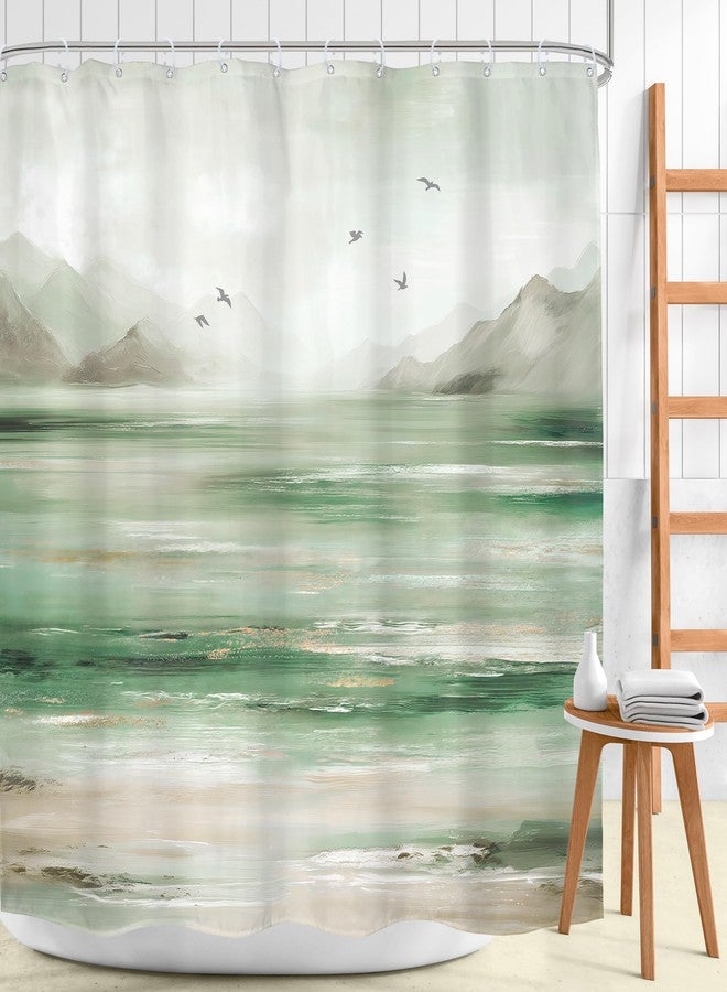 Mitpok Beach Ocean Shower Curtain Green and Grey 72Wx72H Sage Mountain Gray Abstract Sea Nature Coastal Minimalist Landscape Bathroom Decor Oil Painting Bath Curtain Fabric Polyester 12 Pack Hooks - Image 2