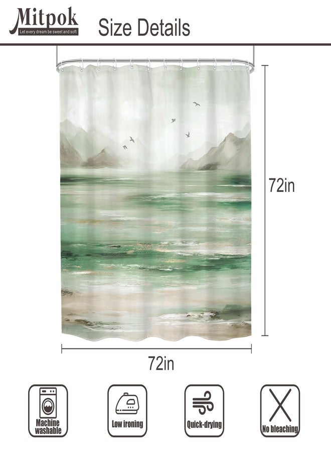 Mitpok Beach Ocean Shower Curtain Green and Grey 72Wx72H Sage Mountain Gray Abstract Sea Nature Coastal Minimalist Landscape Bathroom Decor Oil Painting Bath Curtain Fabric Polyester 12 Pack Hooks - Image 5