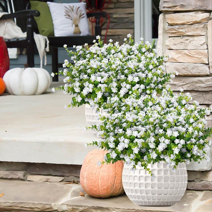 Outdoor Artificial Flowers UV Resistant 20 Bundles Fake Realistic Floral Greenery Plants for Outside Porch Window Boxes Garden Yard Inside Home Table Decor White