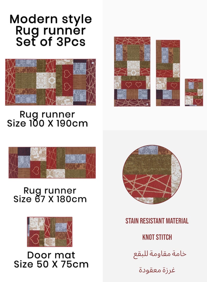 Mac Carpet Light weight Modern Style Rug runner set of 3 Pcs ( 100*190cm, 67*180cm and 50*75cm)  Red  - Image 2