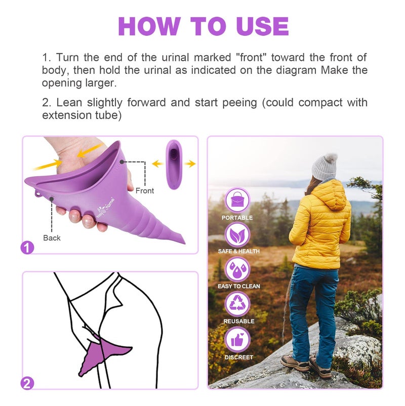 Easy Home جهاز التبول المحمول للنساء من Easy@Home: قمع بول سيليكوني للنساء للوقوف للتبول، كوب بول قابل لإعادة الاستخدام للسفر | التخييم | الإبحار | الهواء الطلق | المشي لمسافات طويلة بنفسجي EUD408 - Image 5