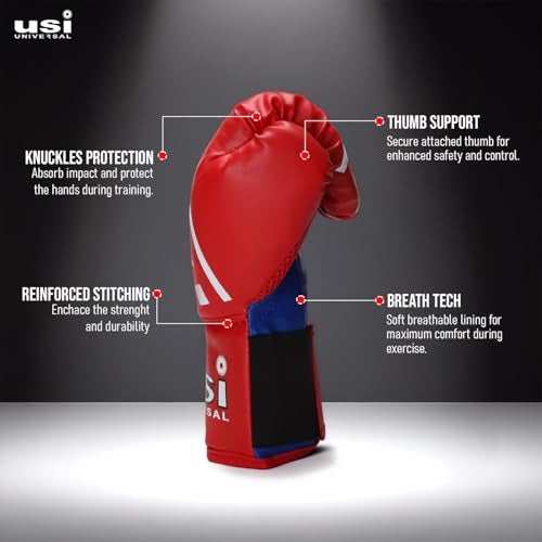 USI UNIVERSAL Boxing Gloves, 612NV Red Novice Boxing Gloves, Vinyl Construction, Lightweight Padding, Ventilated Upper Palm and Thumb, Elasticated Hook & Loop Tab Closure (Size L/XL) - Image 5