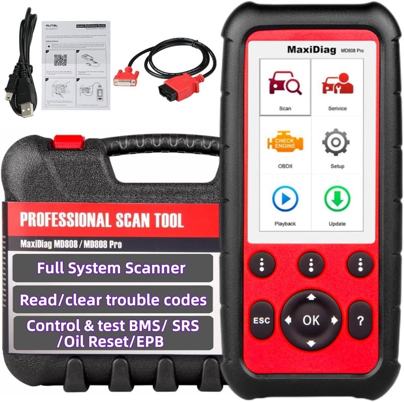 Autel MaxiDIAG MD808 Pro OBD2 Scanner All System Diagnostic Scan Tool Battery Reset Registration Parking Brake Pad Relearn SASSRSABSEPBBMS Better MaxiCheck Pro MD806 MD808 MD805 MD802