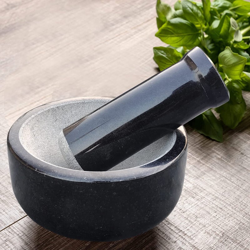 EZAHK Stone Mortar and Pestle SetBlack Granite Polished for Spices Okhli Masher Khalbatta Stone Home Decor Musal Well Design for Kitchen Home Herbs 6 inch Large Size - Image 3