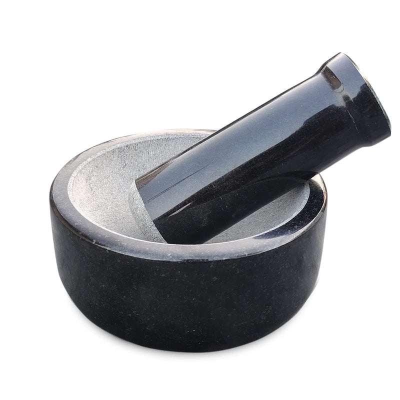 EZAHK Stone Mortar and Pestle SetBlack Granite Polished for Spices Okhli Masher Khalbatta Stone Home Decor Musal Well Design for Kitchen Home Herbs 6 inch Large Size - Image 1