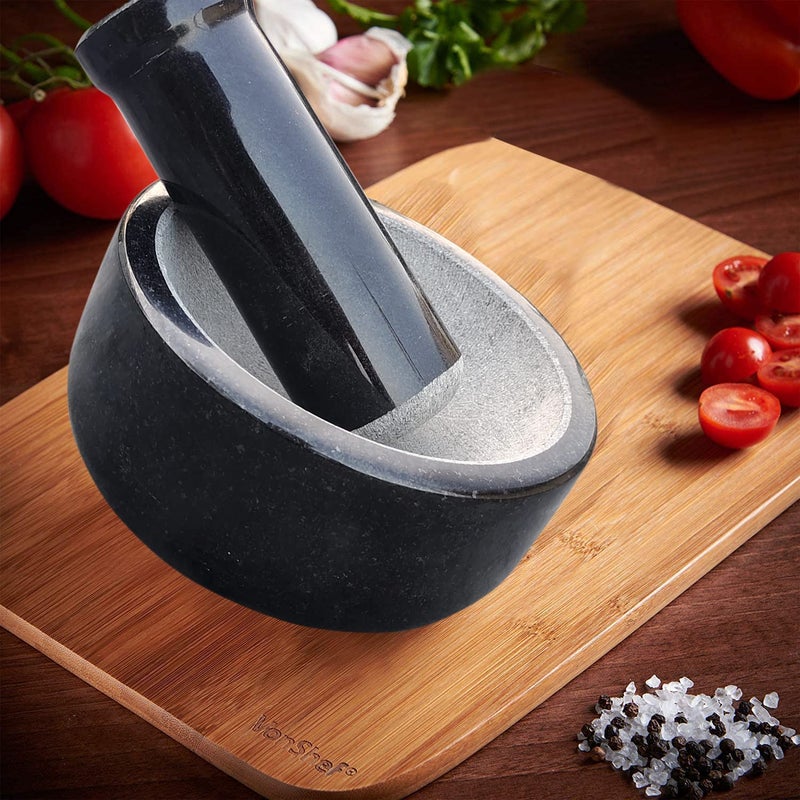 EZAHK Stone Mortar and Pestle SetBlack Granite Polished for Spices Okhli Masher Khalbatta Stone Home Decor Musal Well Design for Kitchen Home Herbs 6 inch Large Size - Image 2