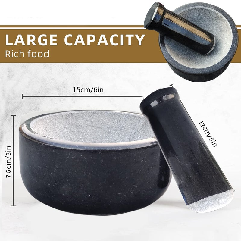 EZAHK Stone Mortar and Pestle SetBlack Granite Polished for Spices Okhli Masher Khalbatta Stone Home Decor Musal Well Design for Kitchen Home Herbs 6 inch Large Size - Image 5