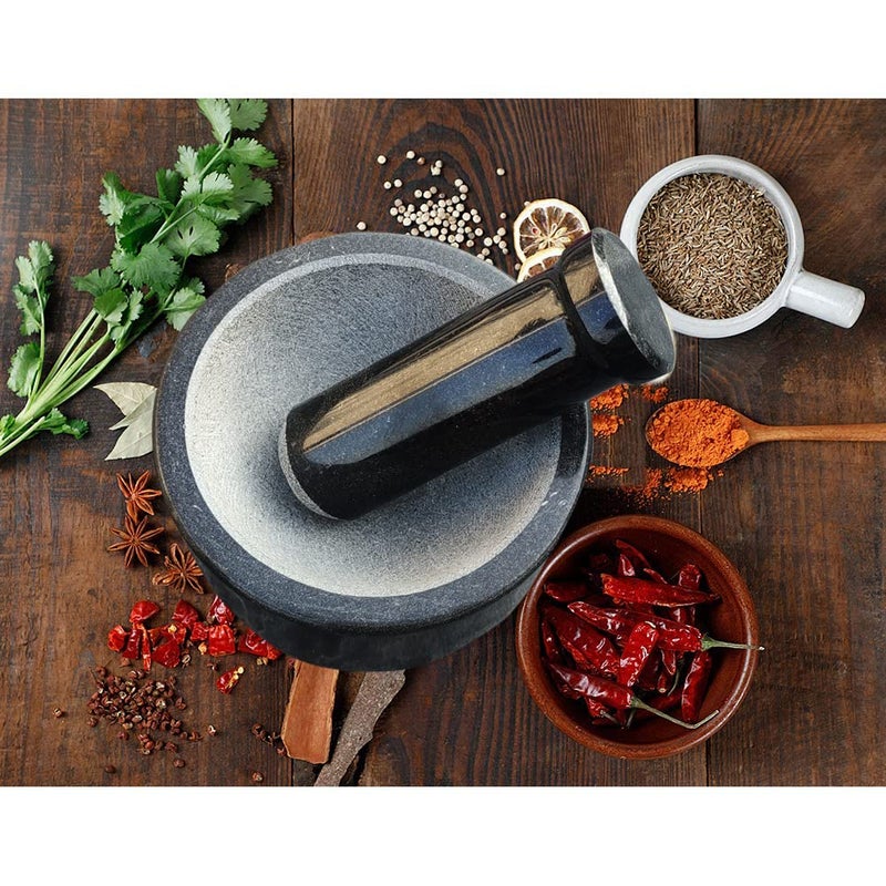 EZAHK Stone Mortar and Pestle SetBlack Granite Polished for Spices Okhli Masher Khalbatta Stone Home Decor Musal Well Design for Kitchen Home Herbs 6 inch Large Size - Image 4