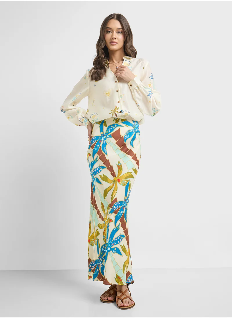 نيفر فولي دريسد Palm Print High Waist Skirt