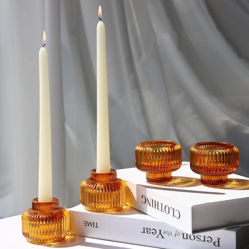 Woho Candlestick Holders Set of 4 Amber Votive Candle Holders for Fall Wedding Table Centerpiece Ribbed Glass Taper Candle Holders for Dinner Party Halloween Thanksgiving Decor