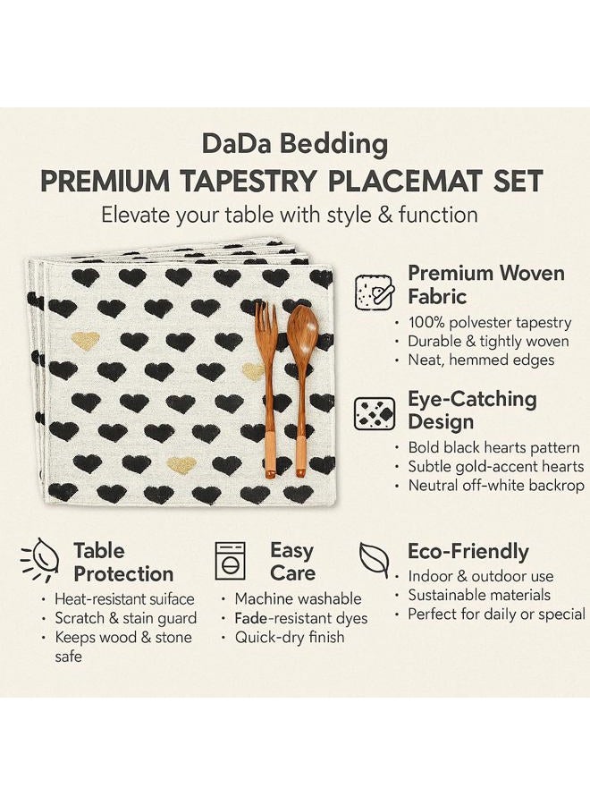 DaDa Bedding Collection Valentine's Day Hearts Placemats - Romantic White, Black & Yellow, Set of 4, Cotton Tapestry, 13" x 19" - Image 2