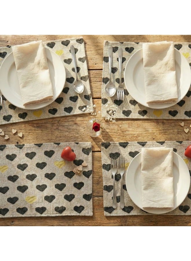DaDa Bedding Collection Valentine's Day Hearts Placemats - Romantic White, Black & Yellow, Set of 4, Cotton Tapestry, 13" x 19" - Image 1