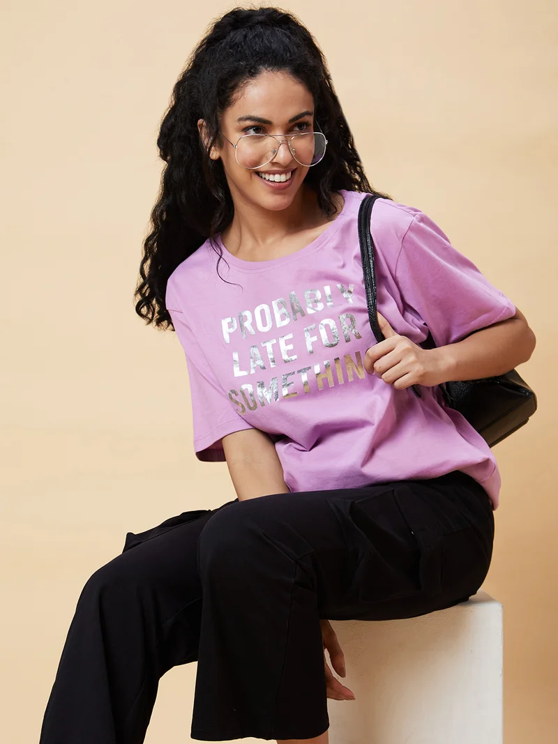 Women Lavender Typography Printed Pure Cotton Boxy T-Shirt