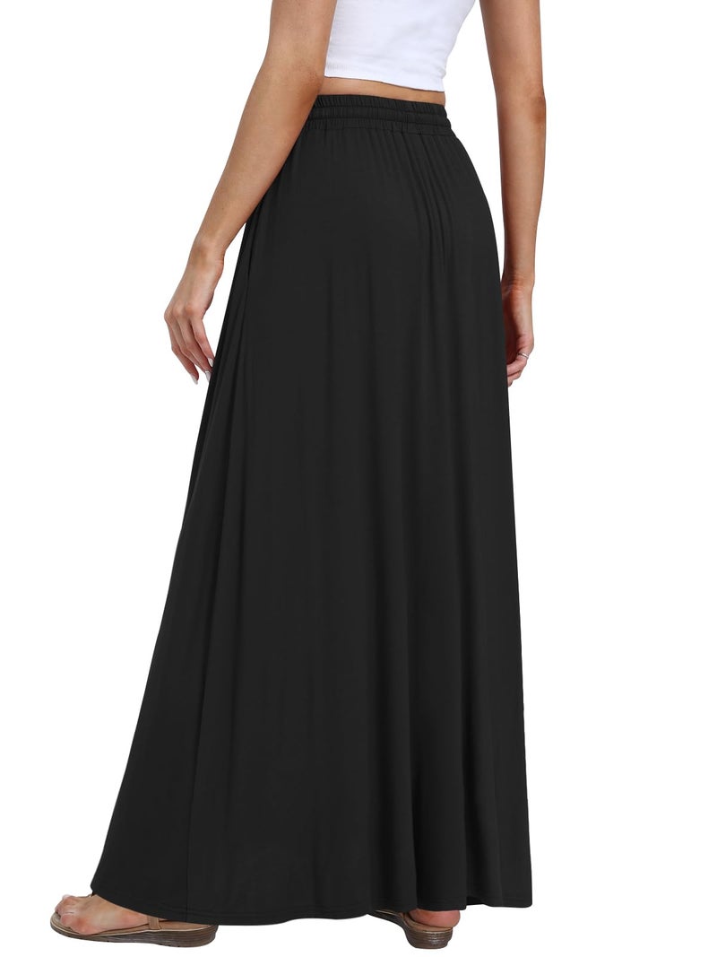 DB MOON Womens Maxi Skirt 2026 Casual Flowy Elastic High Waist Long Skirts with Pockets L Black - Image 2