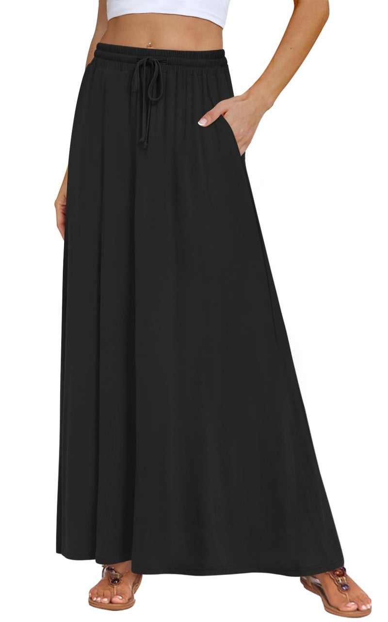 DB MOON Womens Maxi Skirt 2026 Casual Flowy Elastic High Waist Long Skirts with Pockets L Black - Image 1
