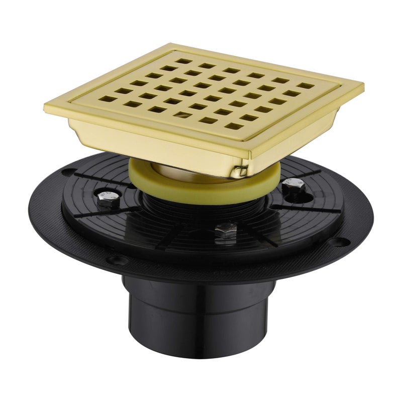 Orhemus 4 Inch Square Shower Drain with Adjustable Shower Drain Base Flange SUS 304 Stainless Steel Floor Drain with Removable Cover Grid Grate Brushed Gold Brass Finished