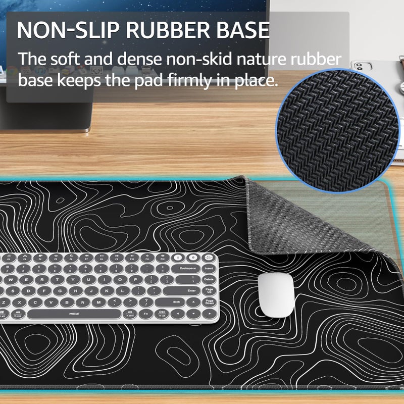 KTRIO Large Gaming Mouse Pad Desk Mat, Superior Micro-Weave Cloth, Non-Slip Rubber Base, Stitched Edges, Water-Resistant, for Gamer, Office & Home, 31.5 x 15.7 Inchï¼ŒBlack Topographic - Image 4