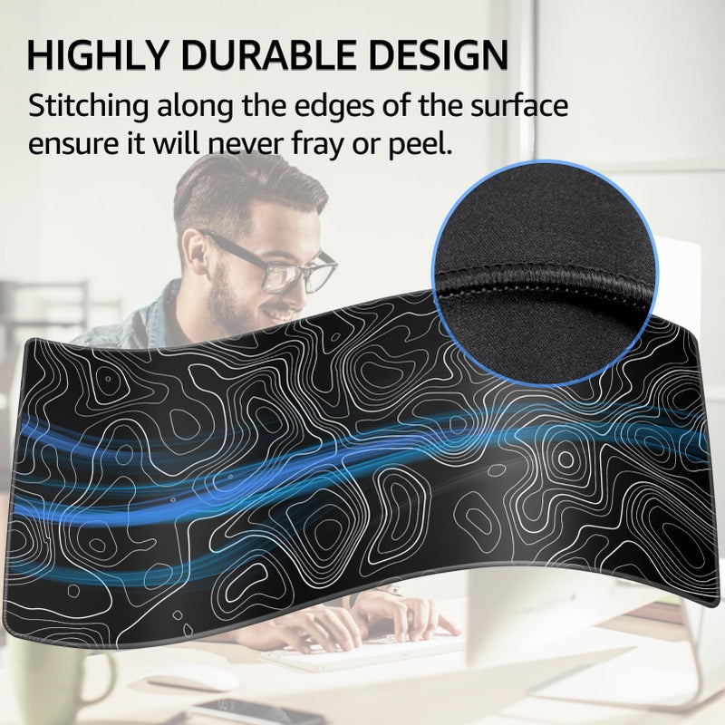 KTRIO Large Gaming Mouse Pad Desk Mat, Superior Micro-Weave Cloth, Non-Slip Rubber Base, Stitched Edges, Water-Resistant, for Gamer, Office & Home, 31.5 x 15.7 Inchï¼ŒBlack Topographic - Image 3