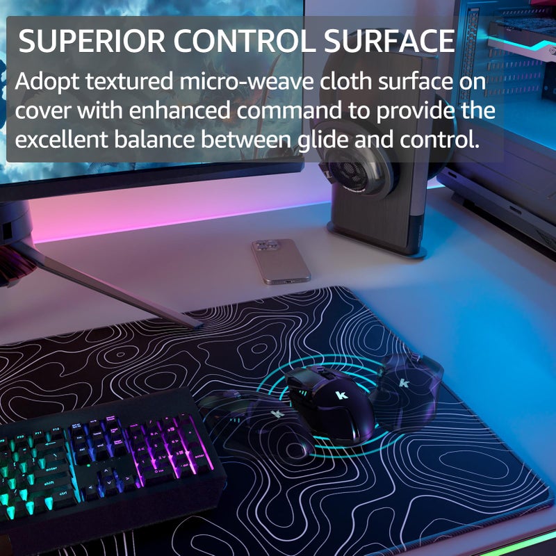 KTRIO Large Gaming Mouse Pad Desk Mat, Superior Micro-Weave Cloth, Non-Slip Rubber Base, Stitched Edges, Water-Resistant, for Gamer, Office & Home, 31.5 x 15.7 Inchï¼ŒBlack Topographic - Image 2