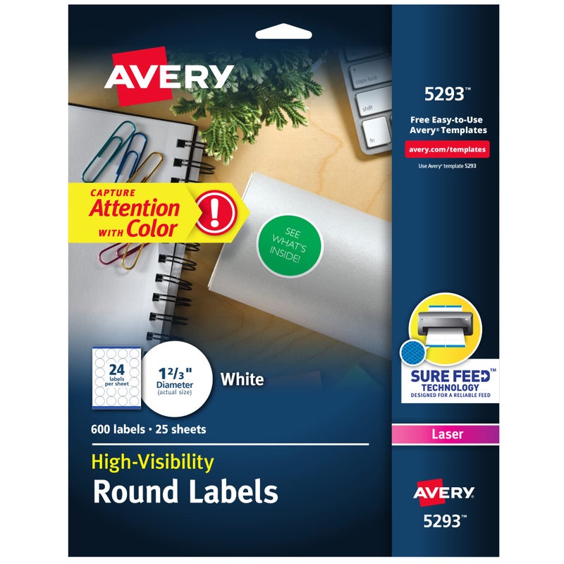 Avery Round Printable Labels, 1-2/3" Diameter, Matte White, Sure Feed Technology, Laser & Inkjet Compatible, 600 Blank Labels Total, Great for Branding, Packages, School Supplies, and More (5293) - Image 1