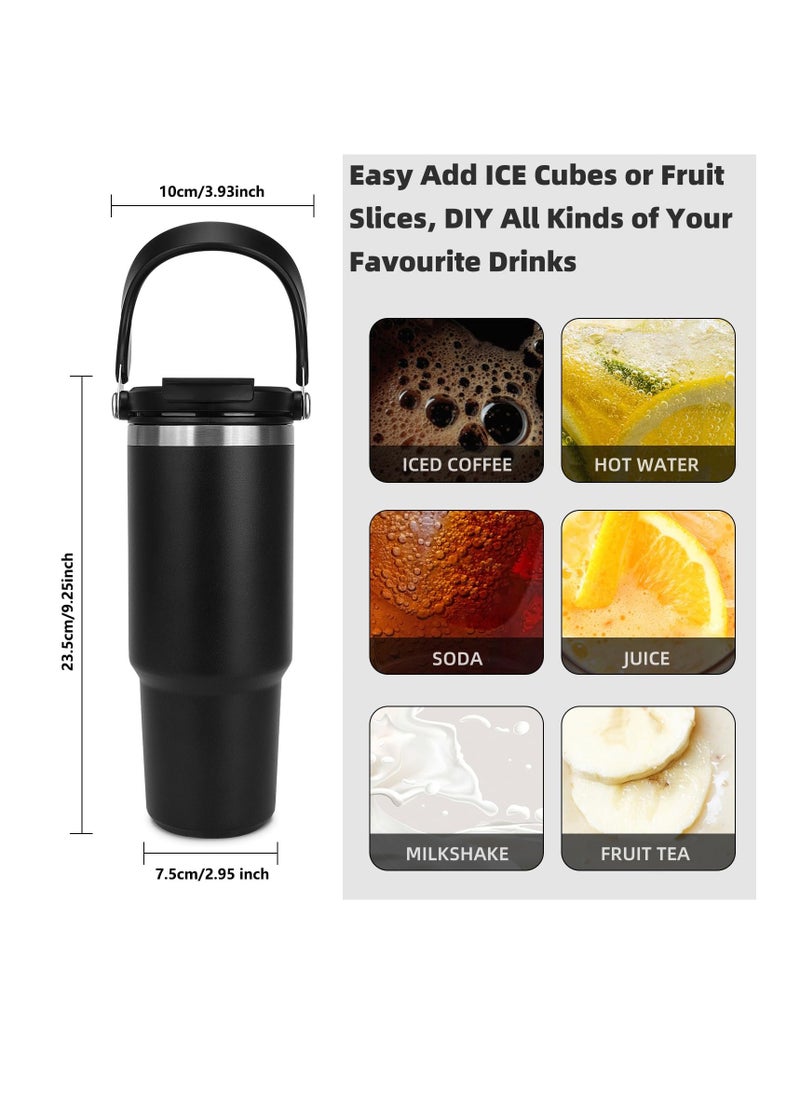 Excefore - Tumbler with Handle and Straw Lid, 30 oz Insulated Stainless Steel Double Walled Vacuum Water Bottle for Office, Home, Sport or Car, Travel Mug for Hot and Cold, Black - Image 1