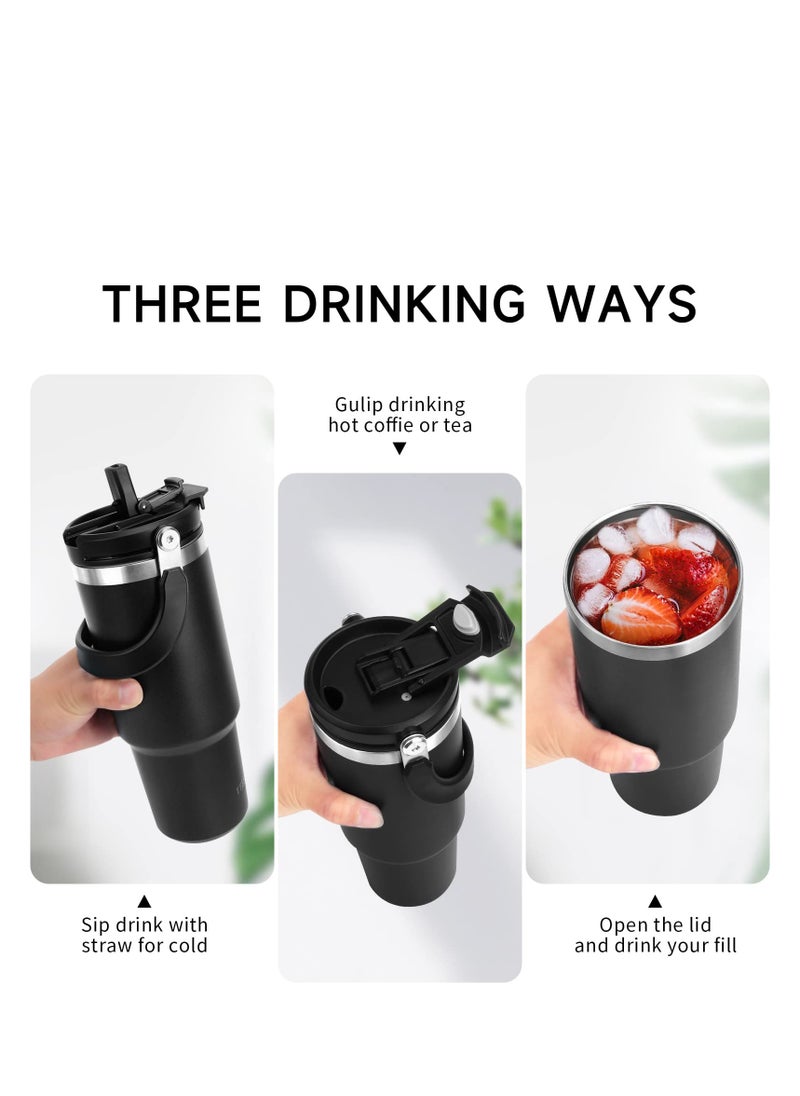 Excefore - Tumbler with Handle and Straw Lid, 30 oz Insulated Stainless Steel Double Walled Vacuum Water Bottle for Office, Home, Sport or Car, Travel Mug for Hot and Cold, Black - Image 1