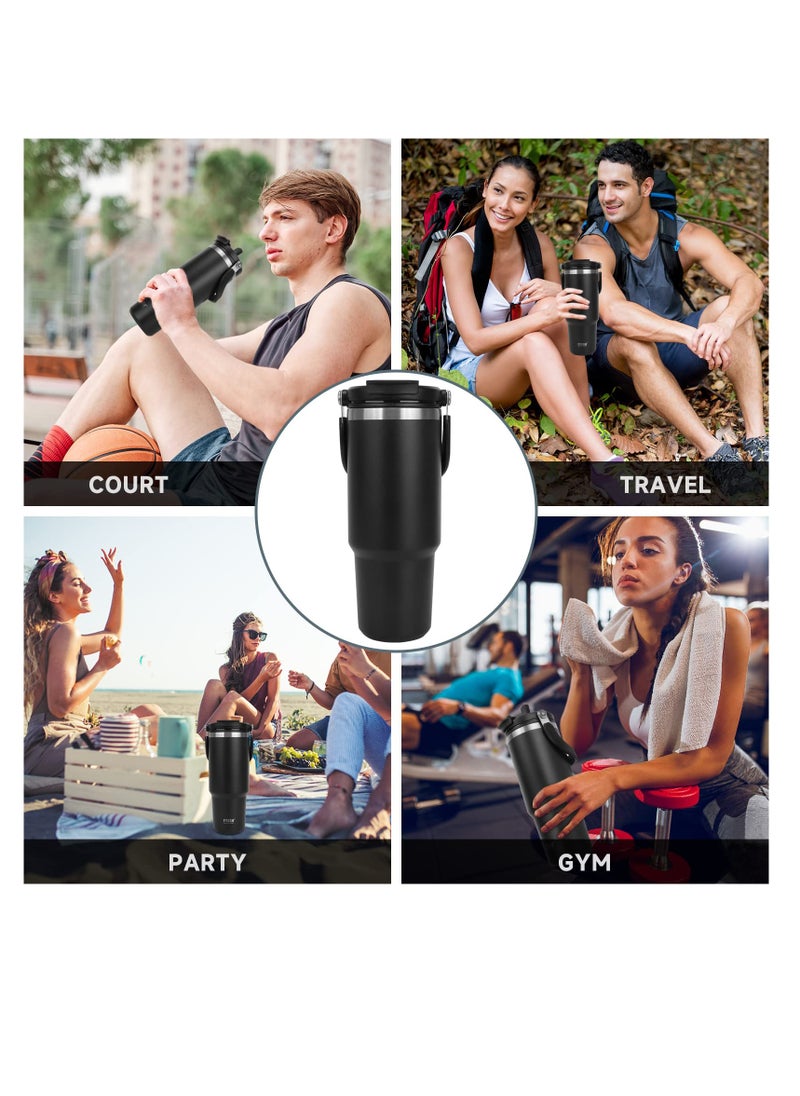 Excefore - Tumbler with Handle and Straw Lid, 30 oz Insulated Stainless Steel Double Walled Vacuum Water Bottle for Office, Home, Sport or Car, Travel Mug for Hot and Cold, Black - Image 1