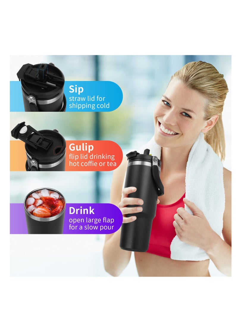 Excefore - Tumbler with Handle and Straw Lid, 30 oz Insulated Stainless Steel Double Walled Vacuum Water Bottle for Office, Home, Sport or Car, Travel Mug for Hot and Cold, Black - Image 1