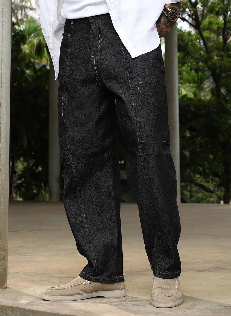 Campus Sutra Men's Charcoal Black Baggy Cargo Denim Jeans For Casual Wear | Mid-Rise | Relaxed Fit | Button Closure | Denim Jeans Crafted With Comfort Fit For Everyday Wear  - Image 1