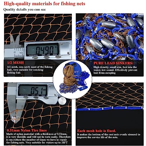 Drasry Saltwater Fishing Cast Net for Bait Trap with Heavy Sinkers Fish Throw Net. Size 3ft/4ft/5ft/6ft/7ft/8ft/9ft Radius Freshwater (Monofilament Lines Cast Net（3/8 Inch Mesh）, 4FT (120cm) Radius) - Image 2