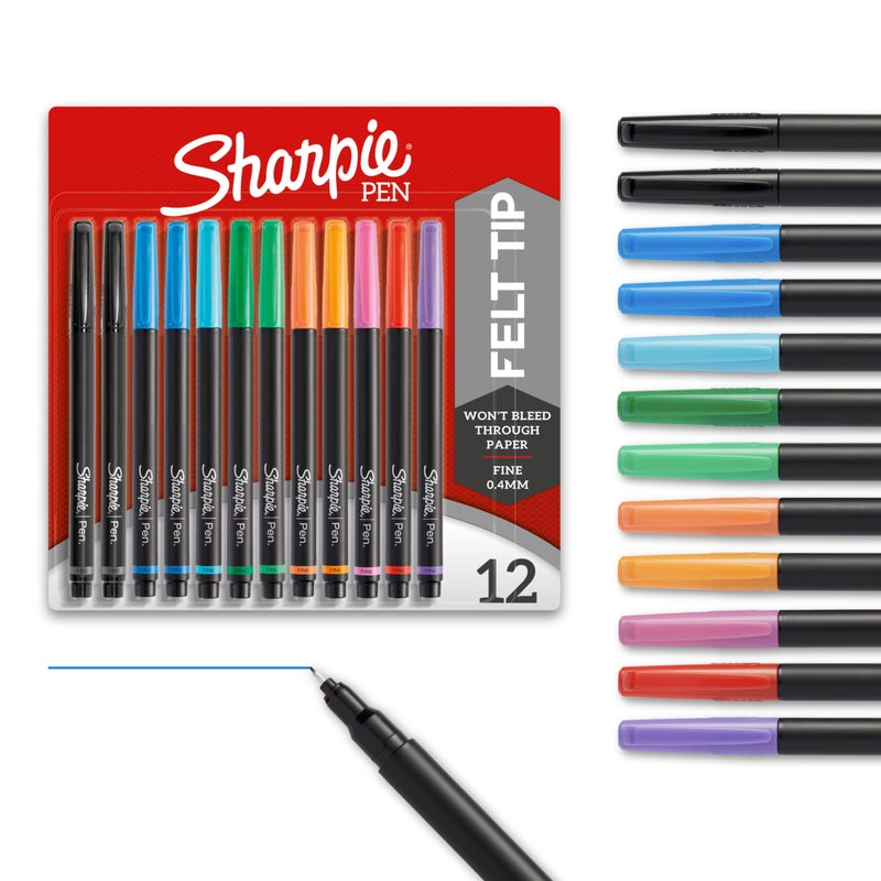 Sharpie Felt Tip Pens, Fine Point Pens (0.4mm), Felt Tip Markers, Assorted Colors, 12 Count - Journaling, Art, Drawing, Markers - Image 1