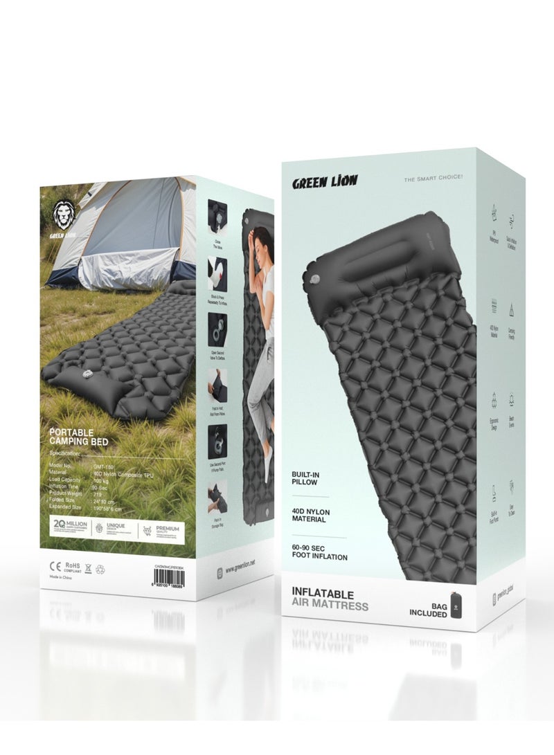 GREEN LION GMT-180 Inflatable Air Mattress with Built-in Foot Pump and Built-in Pillow / Portable Camping Bed / Quick Inflation and Deflation / Ergonomic Design/ Travel / Road Trip - Black - Image 3