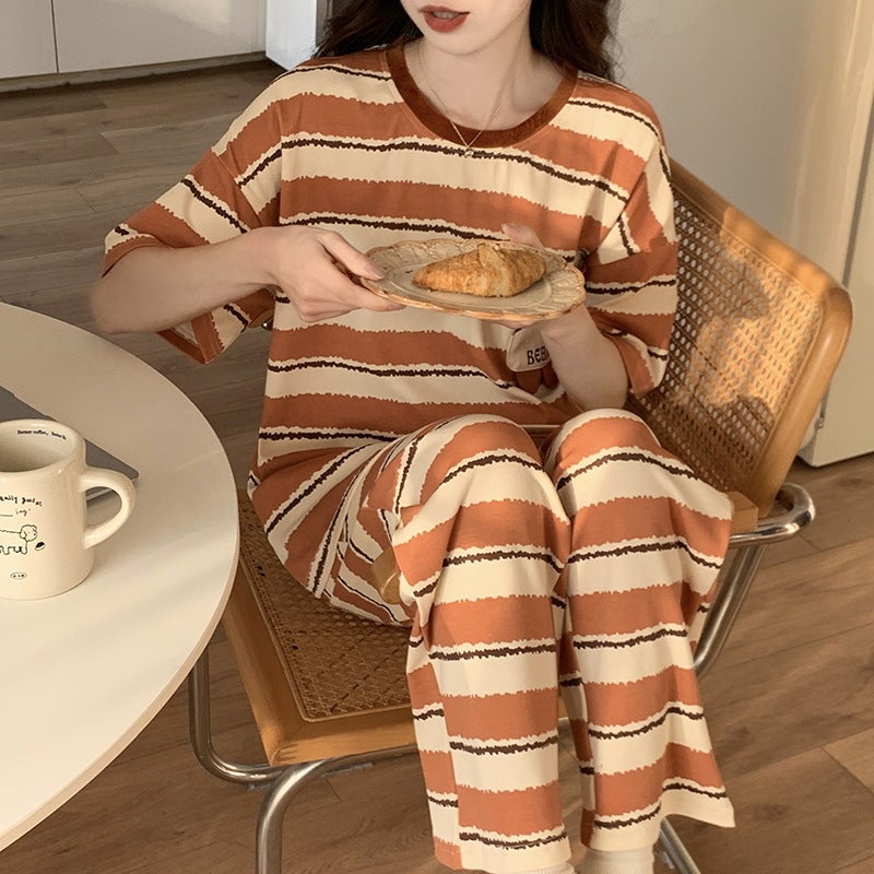 Pajamas womens summer cotton high quality short-sleeved trousers pullover striped cartoon sweet female student casual home wearHMF-33504 HMF-33504