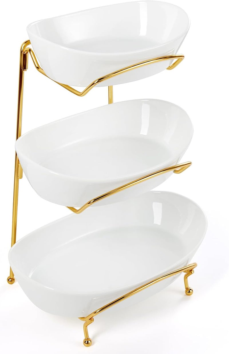 Yedio Fruit Bowls for Kitchen Counter 3 Tier Ceramic Fruit Basket with Serving Bowls Metal Stand Tiered White Porcelain Bowls for Fruit Vegetable Storage Snack Nuts Cake Dessert - Image 1