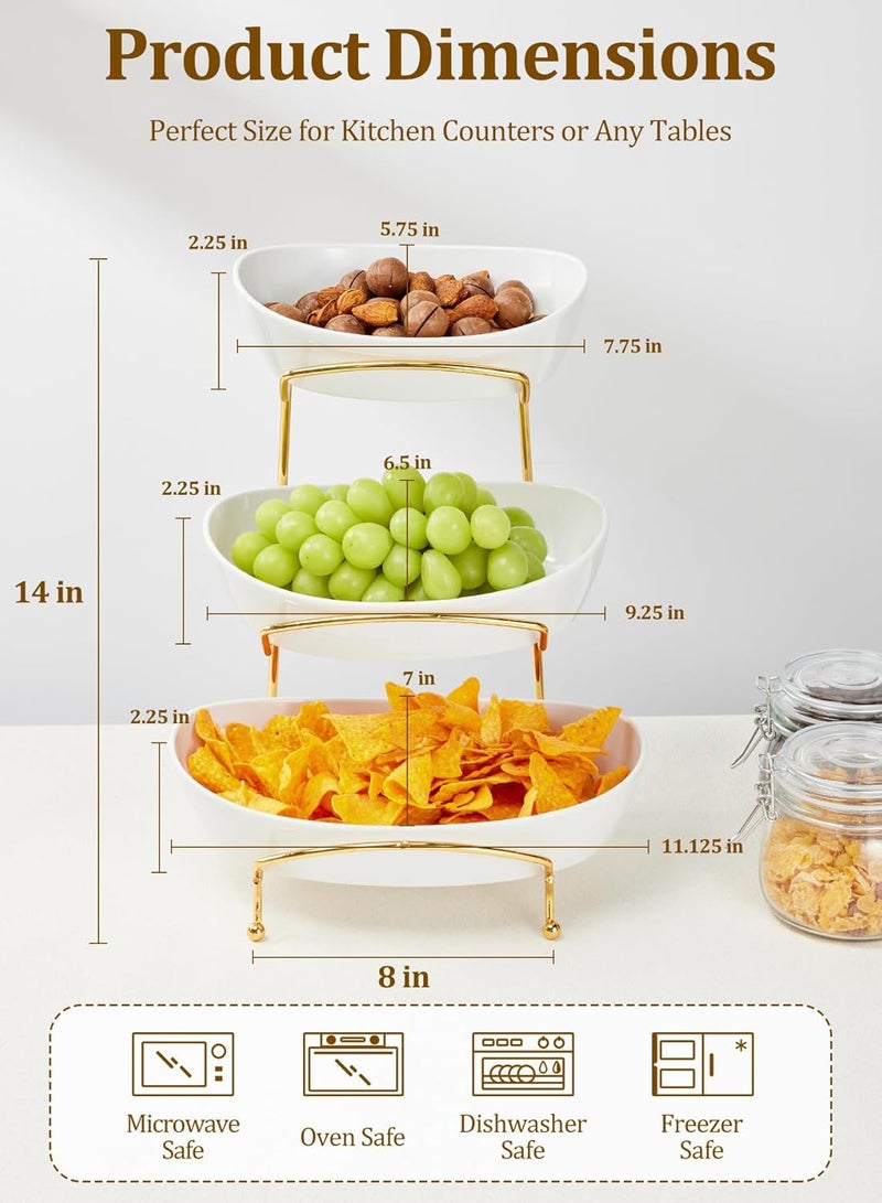 Yedio Fruit Bowls for Kitchen Counter 3 Tier Ceramic Fruit Basket with Serving Bowls Metal Stand Tiered White Porcelain Bowls for Fruit Vegetable Storage Snack Nuts Cake Dessert - Image 2