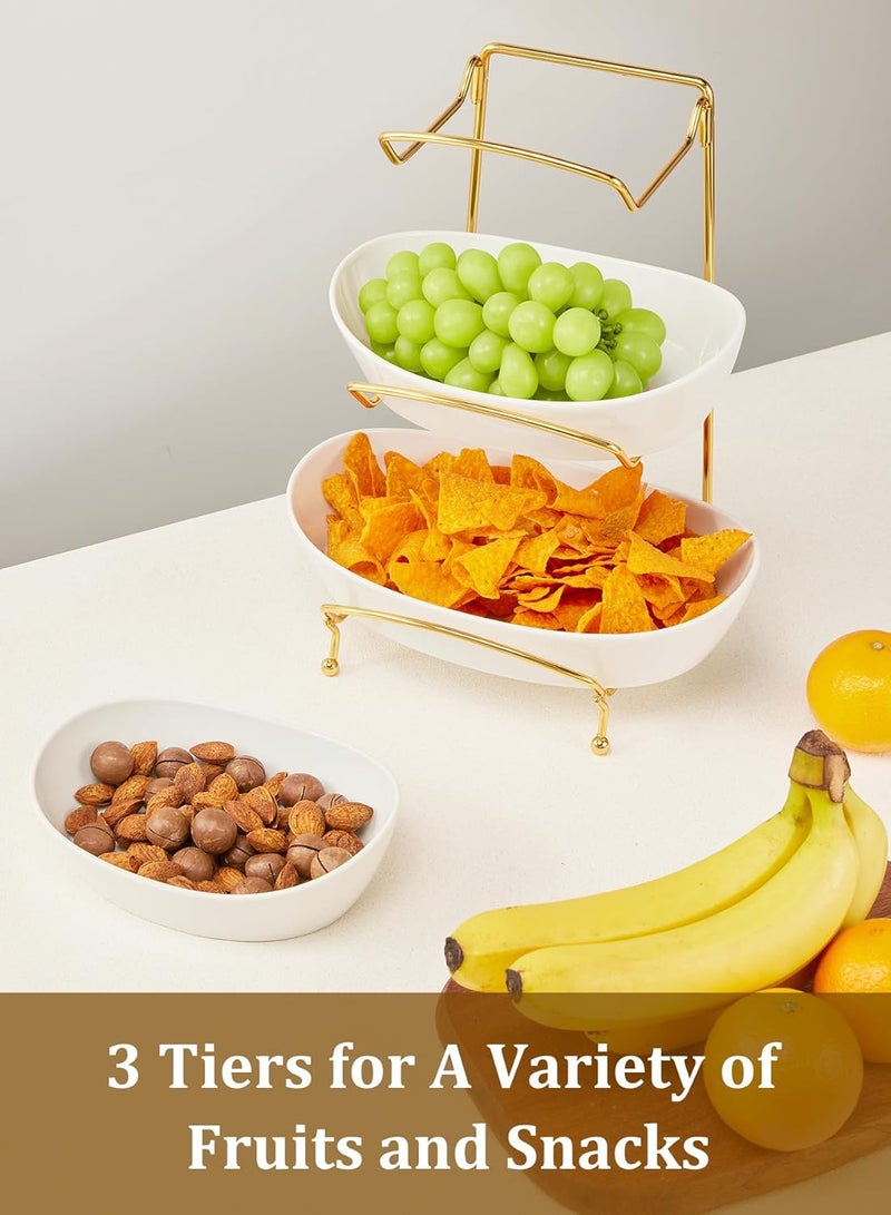Yedio Fruit Bowls for Kitchen Counter 3 Tier Ceramic Fruit Basket with Serving Bowls Metal Stand Tiered White Porcelain Bowls for Fruit Vegetable Storage Snack Nuts Cake Dessert - Image 5