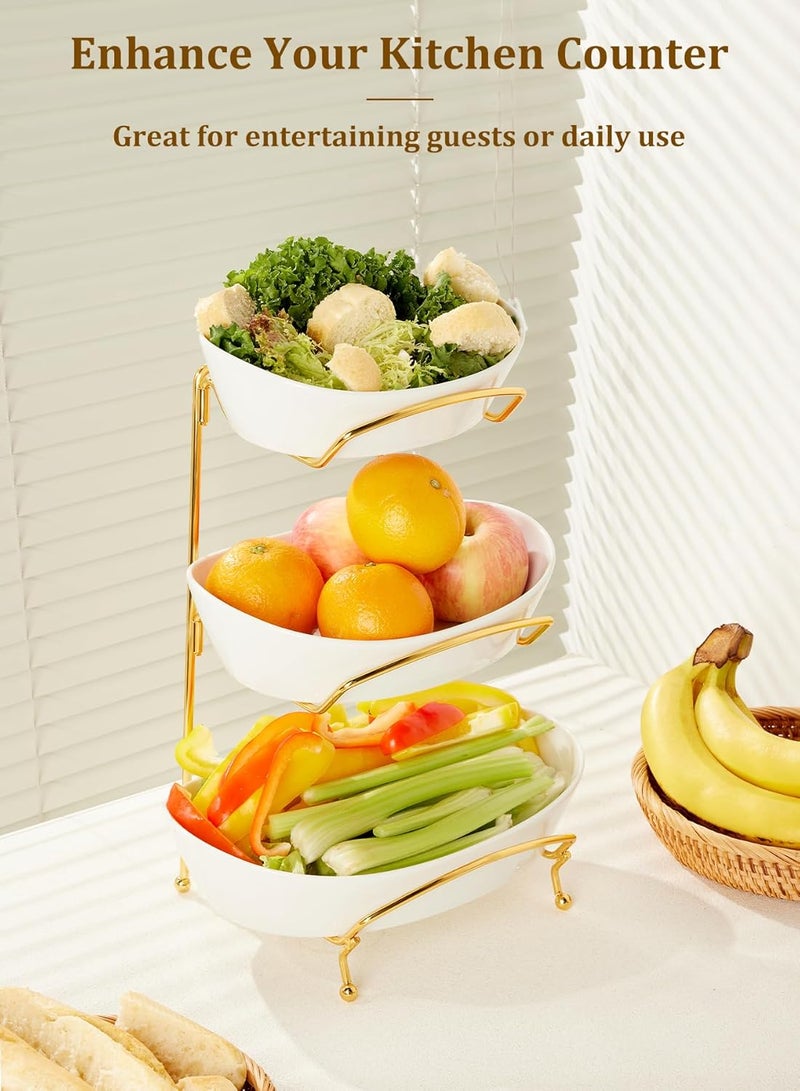 Yedio Fruit Bowls for Kitchen Counter 3 Tier Ceramic Fruit Basket with Serving Bowls Metal Stand Tiered White Porcelain Bowls for Fruit Vegetable Storage Snack Nuts Cake Dessert - Image 4