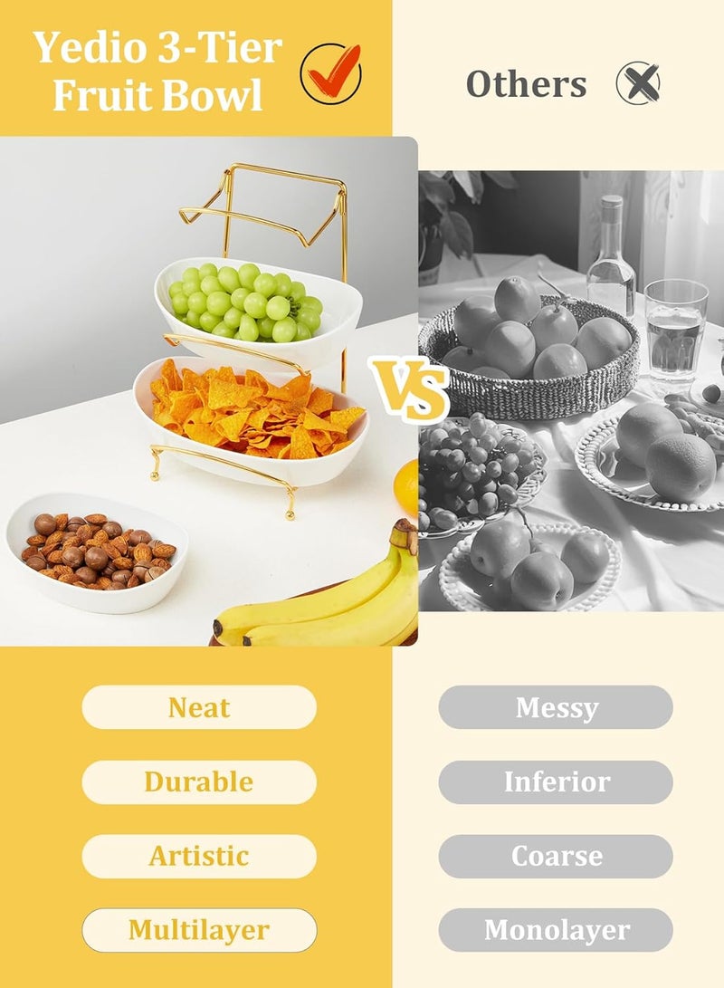 Yedio Fruit Bowls for Kitchen Counter 3 Tier Ceramic Fruit Basket with Serving Bowls Metal Stand Tiered White Porcelain Bowls for Fruit Vegetable Storage Snack Nuts Cake Dessert - Image 3