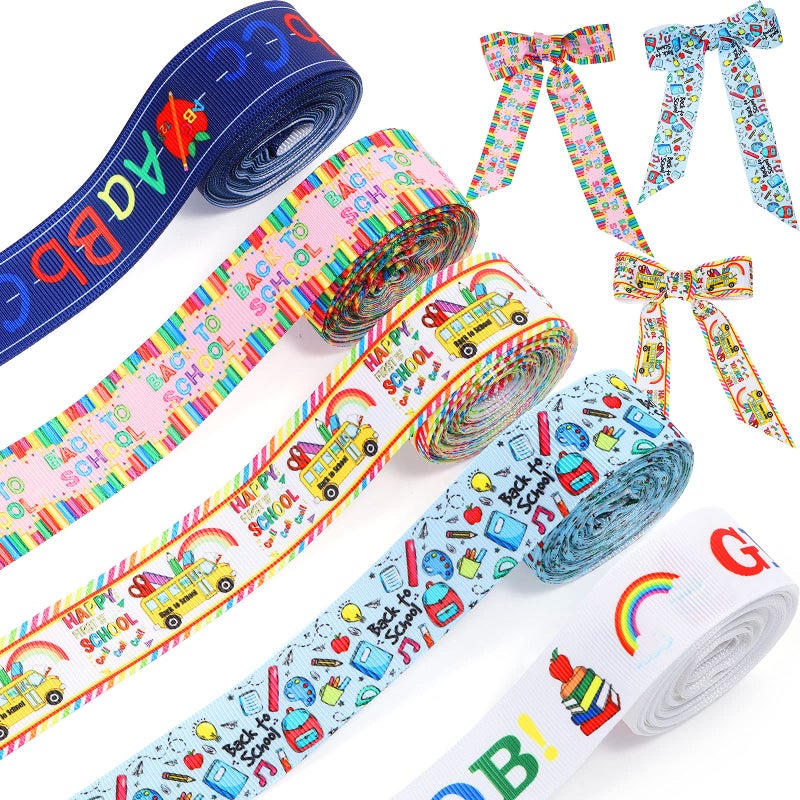 MTLEE 5 Rolls 25 Yards School Grosgrain Ribbons 25 Back to School Bus Pencil ABC Pattern Ribbons for Crafts Teacher Appreciation Gifts Wrapping Hair Bows Wreath DecorationStylish Style