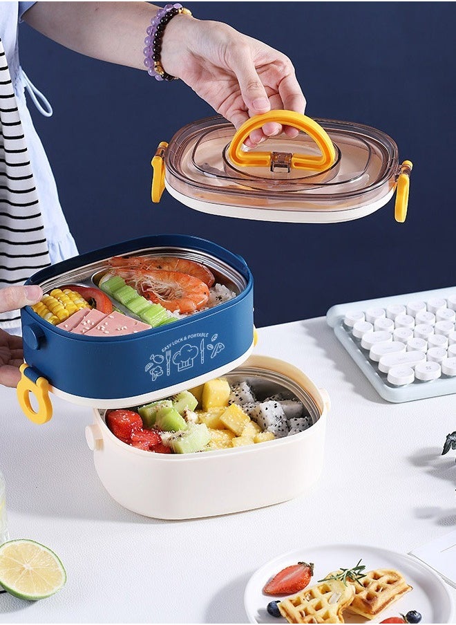 HOMESTAR - Double Layer 304 Stainless Steel Bento Box with 3 Compartments Lunch Box with handle 1200ml Food Container For Student Worker Navy/White - Image 1