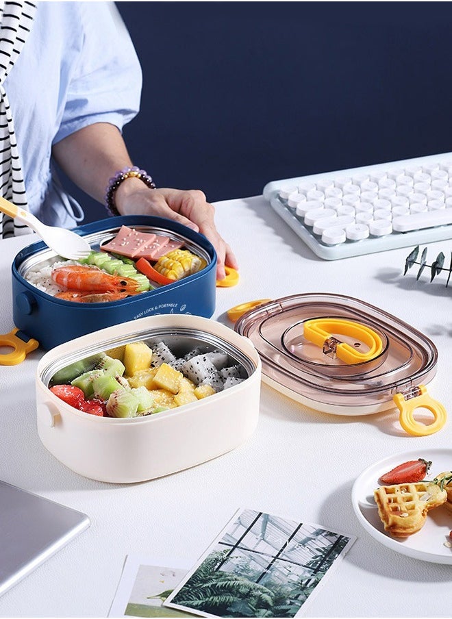 HOMESTAR - Double Layer 304 Stainless Steel Bento Box with 3 Compartments Lunch Box with handle 1200ml Food Container For Student Worker Navy/White - Image 1